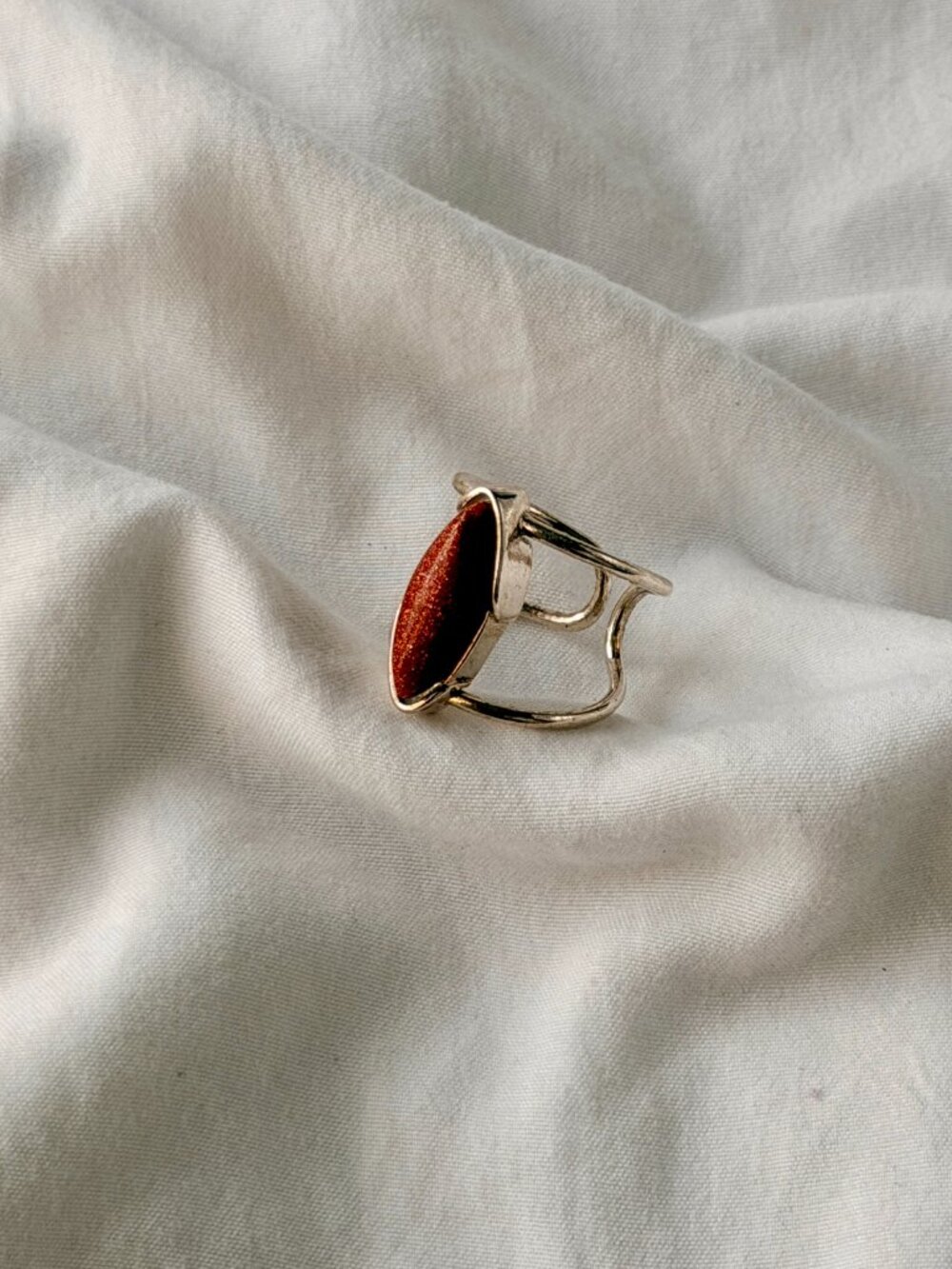 Silver Plated Thin Sunstone Adjustable Ring (US 5.5-9.5)